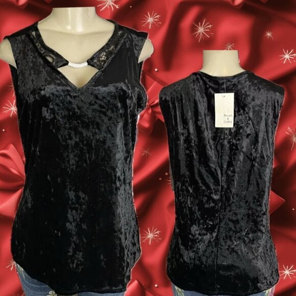 Belah & Codey XL Black Crushed Velvour Keyhole Neck Metal Accent Sleeveless Top - Picture 1 of 5